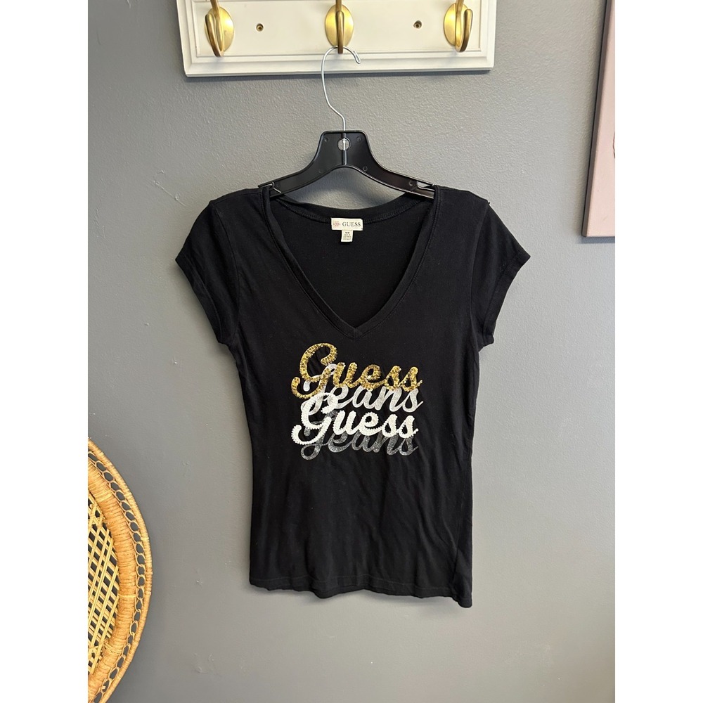 Y2K Guess Sequin Logo Tee Size M Black V Neck Glitter Bling Graphic Top Cotton